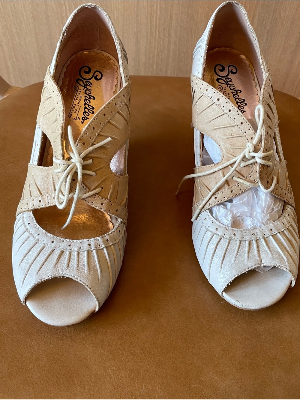 Seychelles Cream and Tan Lace-Up Peep-Toe Wedge Heels